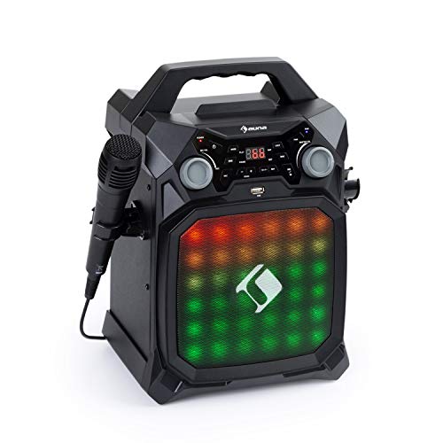 auna Rockstage LightShow Equipo de karoke - Bluetooth, USB: reproducción y grabación, Efecto de luz Multicolor con Ecualizador, Funcionamiento por batería, 2 entradas de micrófono de 6,3 mm, Negro