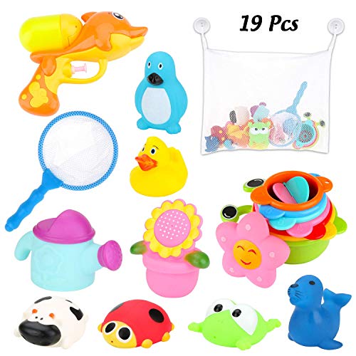 BBLIKE Juguetes Bañera, 19 PCS Almacenamiento de Juguetes Baño para Bebés con Pistola de Agua, Red de Pesca, Vasos Apilables