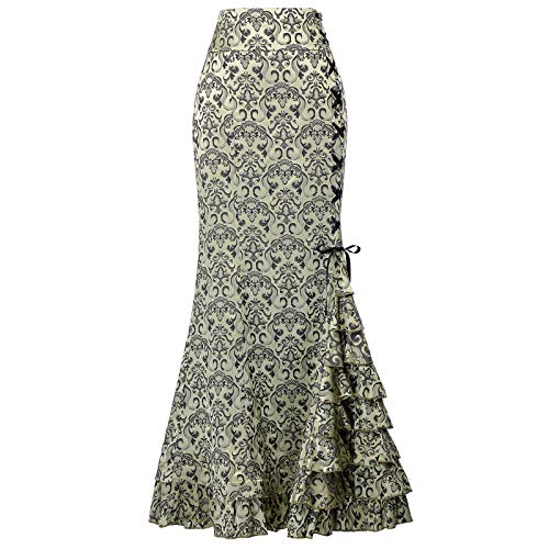 Belle Poque Falda Larga Vintage Jacquard para Mujeres Falda de Cola de Pescado Alta Cintura del Victorian Verde Talla 36 BP204-3