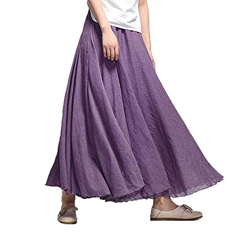 BININBOX Mujeres Estilo Bohemia Cintura Elástico Algodón Lino Larga Maxi Faldas Color sólido (Lavanda, 85CM)