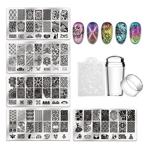 Biutee 5 pcs Placas Estampacion Uñas de Acero Inoxidable Nail Art Estampador de Uñas Profesional + 1 Sello de Silicona