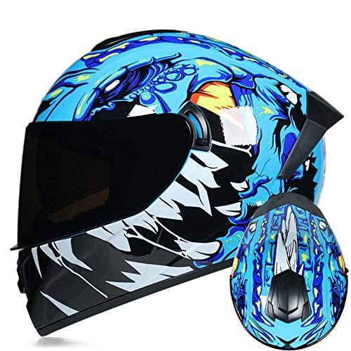 BUETR Casco de moto doble lente casco de carrera casco completo casco de moto off-road casco ligero de seguridad-L_Blue Wild + Tea Mirror