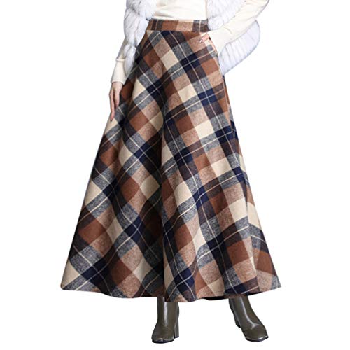 Byqny Mujer Tartan Falda Cuadros Faldas Largas Estampadas Invierno Elegantes Falda Larga Rayas Altas de Cintura Asimetrica Cuadros Talla Grande A-Line 6# Caqui S