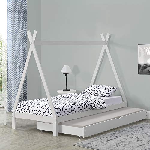 Cama para Niños de Madera Pino con Cama Extraíble Superficie Extra en Diseño de Carpa Indio 90 x 200 cm Cama Infantil Estructura Tipi Blanco