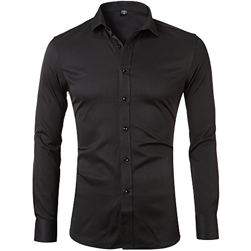 Camisa Bambú Fibra Hombre, Manga Larga, Slim Fit, Camisa Elástica Casual/Formal para Hombre, Negro, 40 (Cuello 40CM, Pecho 104CM)