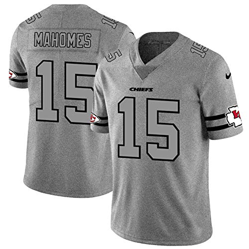 Camiseta de Rugby para Hombre -Patrick Mahomes # 15 Kansas City Chiefs Retro edición Limitada Sudadera Deportiva Unisex de Manga Corta Bordado Transpirable Fitness Mejor Regalo Gris S-3XL-3XL(195-210