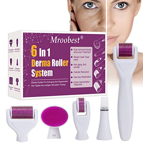 Derma Roller, Rodillo Agujas, Microneedle Derma Roller, Sistema de microagujas 6 en 1 por para reducir arrugas, puntos oscuros, cicatrices, celulitis, estrías para usar en cara, ojos, cuerpo