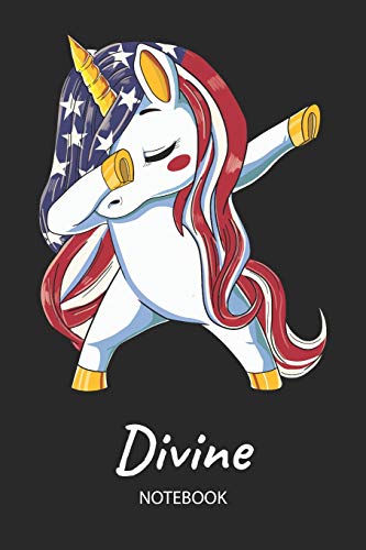 Divine - Notebook: Blank Ruled Name Personalized & Customized Patriotic USA Flag Hair Dabbing Unicorn School Notebook Journal for Girls & Women. Funny ... of July, Birthday, Christmas Gift for Girls.