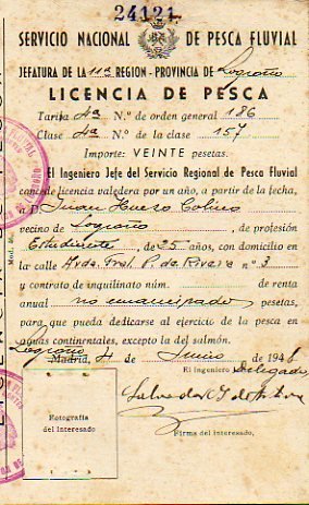 Documento: LICENCIA DE PESCA, expedida por la Jefatura de la Región-Provincia de Logroño.