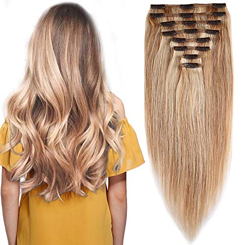 Elailite Extension Natural Remy Pelo Humano Cabello [Max Grueso] - 25 cm 110g #18P613 Ash Rubio Mecha Rubio Muy Claro 100% Remy Human Hair 8 Piezas Double Weft