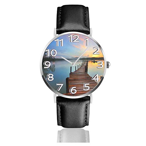 Embarcadero de Madera en un Lago Barco Reloj de Cuero Relojes de Pulsera de Moda Unisex Reloj Resistente a los arañazos Relojes de Desgaste Duradero