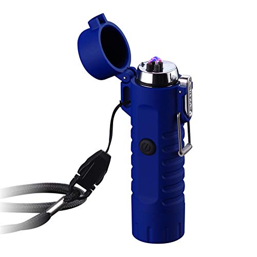 Encendedor de arco dual con linterna, doble plasma, recargable por USB, sin llama, resistente al viento, mini encendedor eléctrico para pipa de cigarrillos, Blue Double Arc Lighter with Flashlight