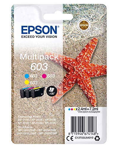 EPSON 603 Multipack Tinta 3 Colores C13T03U54510 | Cartuchos Cian Magenta y Amarillo | Compatible: XP-2100 /XP-2105 /XP-3100 /XP-3105 /XP-4100 /XP-4105 /WF-2810DWF /WF-2830DWF /WF-2835DWF /WF-2850DWF