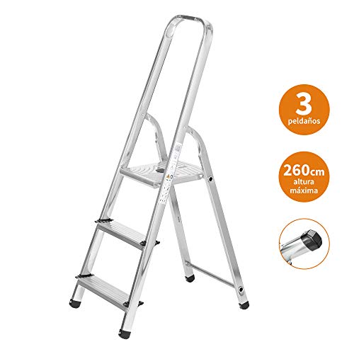 Escaleras Plegables Aluminio 3 Peldaños de Tijera Super Resistente hasta 150Kg, Acero y Aluminio Antideslizantes, Altura de Trabajo hasta 260cm | Packer PRO