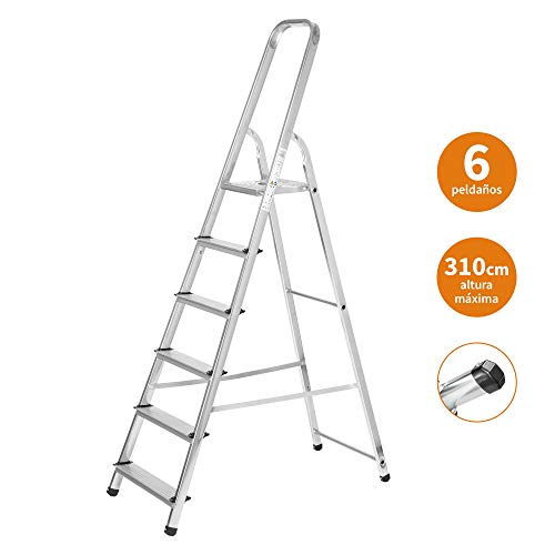 Escaleras Plegables Aluminio 6 Peldaños de Tijera Super Resistente hasta 150Kg, Acero y Aluminio Antideslizantes, Altura de Trabajo hasta 310cm | Packer PRO