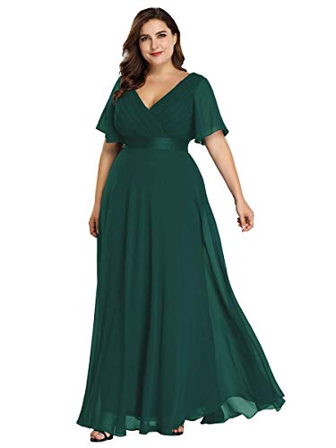 Ever-Pretty Vestido de Fiesta Noche Largo para Mujer Cuello V Manga Corta Talla Grande Verde Oscuro 48