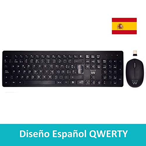 Ewent EW3256 Pack Teclado y Ratón Inalámbrico 2.4 GHz, QWERTY Español Chiclet Teclado, Teclado Inalámbrico Raton silencioso Portátil, Larga Duración de la Batería, Color Negro