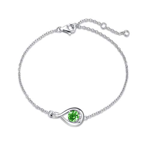 FANCIME Infinito 925 Pulsera de Plata esterlina Peridoto Natural Pulsera de Piedra de Nacimiento de Agosto joyería para Mujer, Longitud: 16 + 3cm