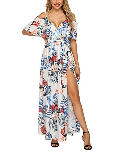 FeelinGirl Mujer Vestido Maxi Estampado Floral Espalda Abierta Falda Larga Talla Grande para Fiesta Noche Casual Sexy Elegante Playa Blanco M(Talla 36-38)