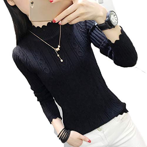 Female - Sudadera de Invierno para Mujer, Cuello de Tortuga, Manga Corta, Ajustada, Thickened Solid Twist Negro L