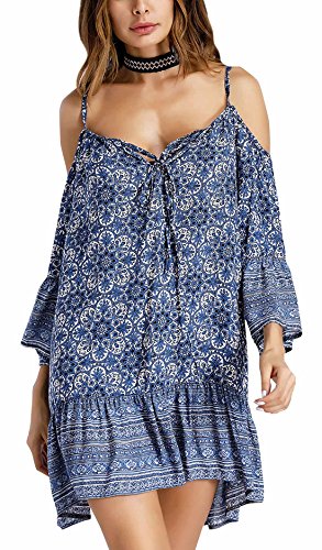 FEOYA - Vestido Corto Mujer de Noche Fiesta sin Hombro con Mangas Largas de Playa Sundress de Verano Suelto Falda con Volante Talla Grande Cómoda - Azul - ES 46