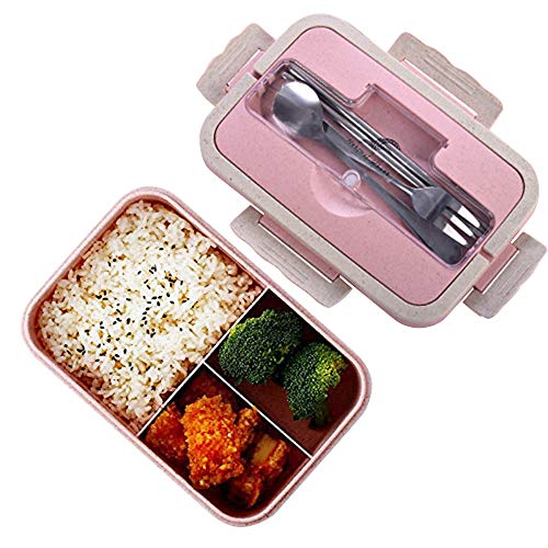 Fiambreras bento, Fiambrera de seguridad de trigo natural de 1000 ml con palos, cuchara para niños y adultos, apta para microondas y lavavajillas rosa