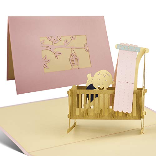 G09.3 Tarjeta de felicitación para nacimiento niña con diseño en 3D desplecable alta calidad hecho a mano, cuna lazo rosa