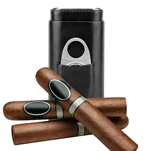 Garosa Estuche De Cuero Portátil para Viaje Cigarros De Cedro Forrado De Madera Humos para Fumadores De Cigarros 3 Tubos con Cortador De Cigarros De Acero Inoxidable Soporte De Cortador(Negro)