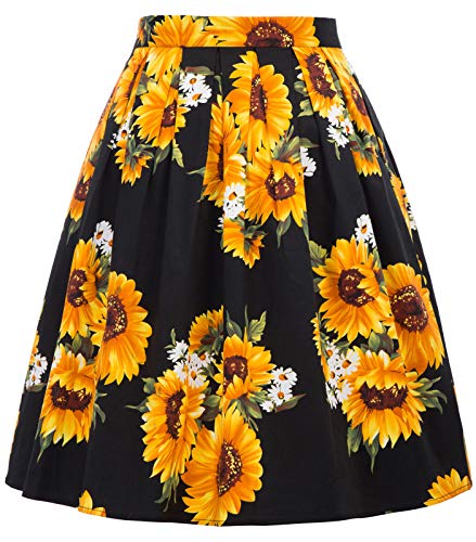 GRACE KARIN Falda Negra de Fiesta Girasol Floral Pin Up Retro Corta 32# L