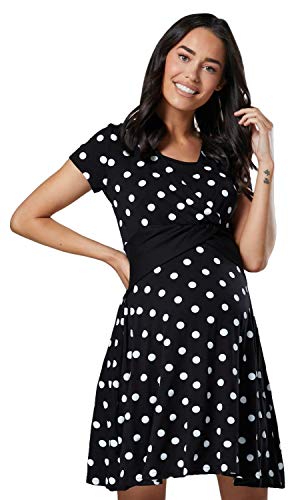 HAPPY MAMA. Para Mujer Vestido Skater premamá y de Lactancia. 605p (Negro con Puntos, 40, L)