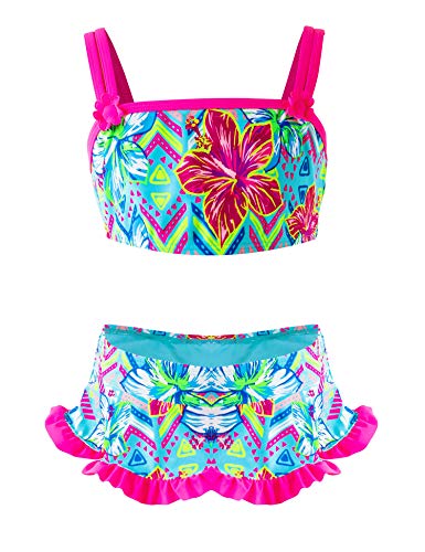 IKALI - Conjunto de bikini de dos piezas para niñas, traje de baño con volantes y diseño de flamencos, traje de baño deportivo infantil para la playa Floral 8-9 Años