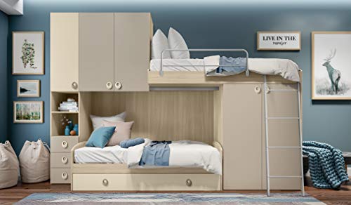 InHouse srls - Dormitorio de Puente Color Olmo y visón con Dos Camas - Sofá Cama y Cama abatible - y Armario Integrado. Altura 236 – Longitud 345 – Profundidad 86,5