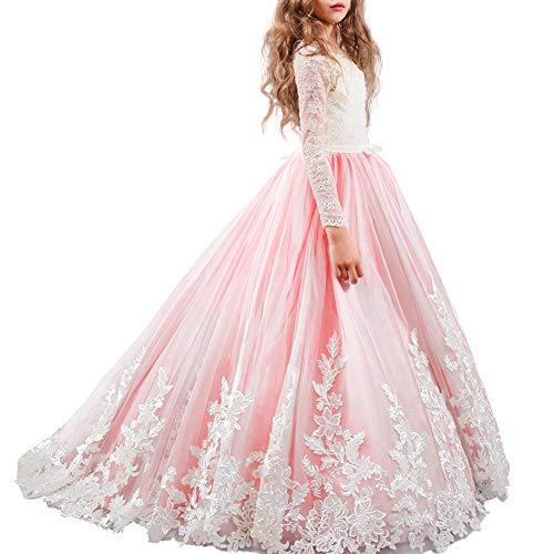 IWEMEK Appliques Vestido de Niña de Flores de Manga Larga de Cordón Tul Princesa Boda Vestidos de Dama De Honor Vestido de Primera Comunión Cumpleaños Fiesta Bola Navidad Pageant Cóctel 2-3 Años