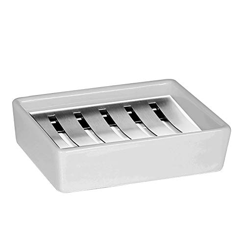 Jabonera, plato de cerámica caja de jabón con soporte de acero inoxidable, doble drenaje, jabonera rectangular creativa, bandeja de jabón de baño