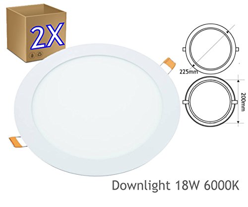 JANDEI - 2x Downlight LED 18W Redondo Plano De Empotrar Luz Blanca Fría 6000K, Aluminio Aro Blanco Mate, Para Hueco De 200-205mm Blanco …