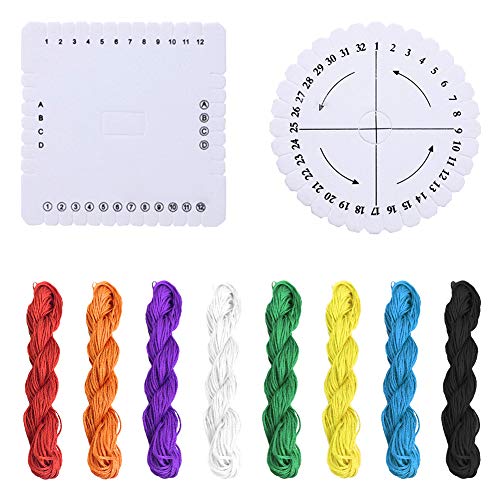 Juego de discos Kumihimo, 2 unidades, redondos, cuadrados, Kumihimo, placa de trenzado de disco y 8 piezas de hilo de nailon macramé de jade (8 colores) DIY pulsera trenzada para hacer joyas