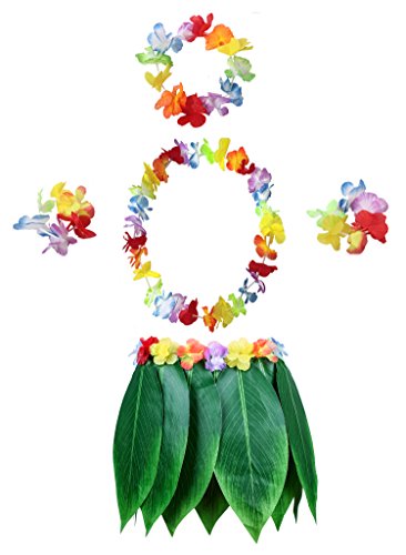 KEFAN Leaf Hula Skirt y Hawaiian Leis Set Grass Skirt con Flores de Hibisco Artificiales para Hula Costume y Beach Party (B)