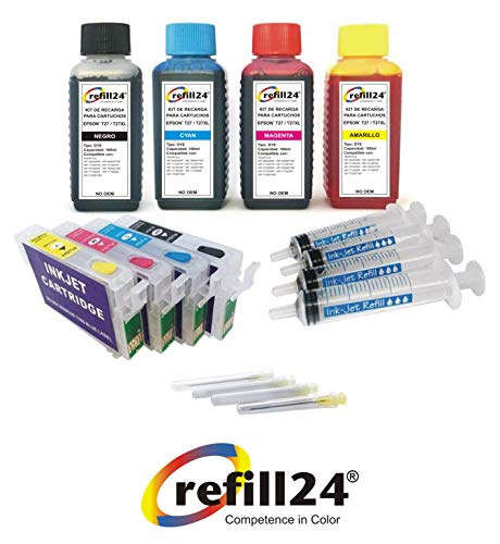 Kit de Recarga para Cartuchos de Tinta Epson T27, T2701, T2702, T2703, T2704 Negro y Color + Cartuchos Recargables y Accesorios