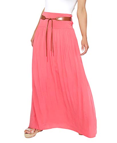 KRISP 4809-COR-LXL, Falda Larga Bohemia Elegante Plisada Hippie Cintura Elástica, Coral (4809), L/XL