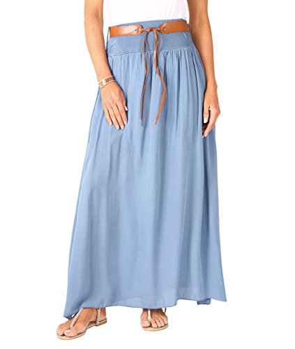 KRISP 4809-DNM-LXL, Falda Larga Bohemia Elegante Plisada Hippie Cintura Elástica, Azul Vaquero (4809), L/XL