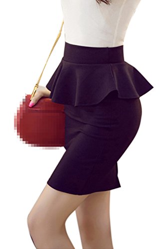 La Mujer Casual Solid Floucing Ruffle Slim Bodycon OL Oficina Peplum Faldas Lapiz Black M