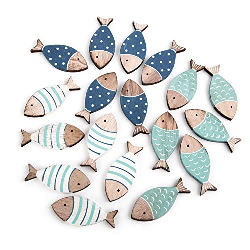 Logbuch-Verlag - 18 minipeces artificiales de 6 cm, color azul y turquesa, artículo decorativo para esparcir en bautizo, comunión, decoración de mesa, peces de madera pequeños