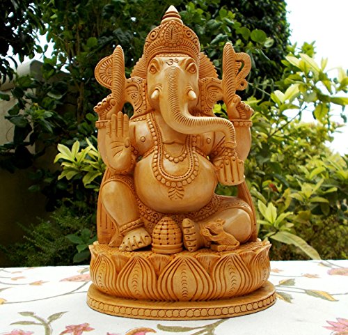 Madera Estatua Ganesh - talladas a mano Sentado en Escultura Lotus- hindú del elefante Ganesha Madera - Dios de la prosperidad y la fortuna Ganpati Vinayak India deidad hindú Dios Figurita