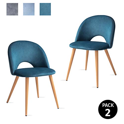 Mc Haus LUNA - Pack 2 Sillas Nórdicas Comedor Tapizadas en tela Azul cielo, Butaca Salón Dormitorio Respaldo con apertura y Asiento Acolchados y patas de metal efecto Madera 49x46x76cm