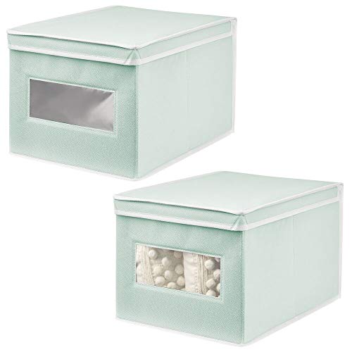 mDesign Juego de 2 Cajas de Tela Grandes – Práctico Organizador de armarios con Tapa para Dormitorio, salón o baño – Caja de almacenaje apilable de Fibra sintética Transpirable – Verde Menta y Blanco