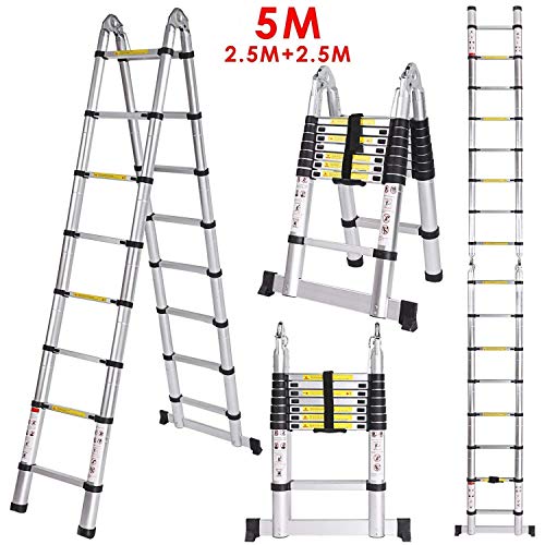Meditool 5M(2,5M+2,5m)Escalera plegable aluminio,Escalera Telescópica,Escalera plegable,16 Escalones Antideslizantes, 150kg