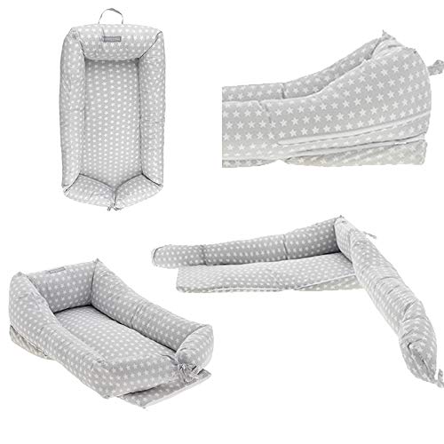 Mimuselina Cuco Nest Reductor | Cama Nido Desenfundable, Minicuna Portátil Colcheo, Reductor de Cuna, Chichonera, Cojín de Lactancia, Impermeable, Estampado Estrellas Gris, 85x52 cm