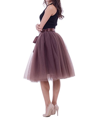 Mujeres falda de tutú Tulle Capas de falda Underskirt Midi falda con el cinturón elástico para boda Talla única Café