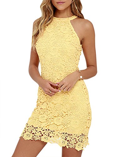 Mujeres Vestido Encaje Bodycon Corto sin Mangas Casual Slim Falda para Fiesta Mini Vestido Amarillo L