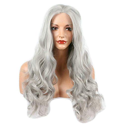 MWPO Peluca Frontal de Encaje Sintético Fibra Resistente al Calor Peluca de Pelo de Onda de Cuerpo Largo Peluca Gris para Mujeres Niñas Fiesta Parte Gratuita Entradas Naturales Cabello sin Cola 2